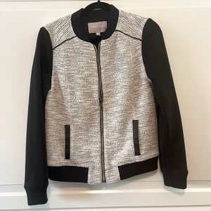Like New - Black, white & silver tweed metallic bomber jacket